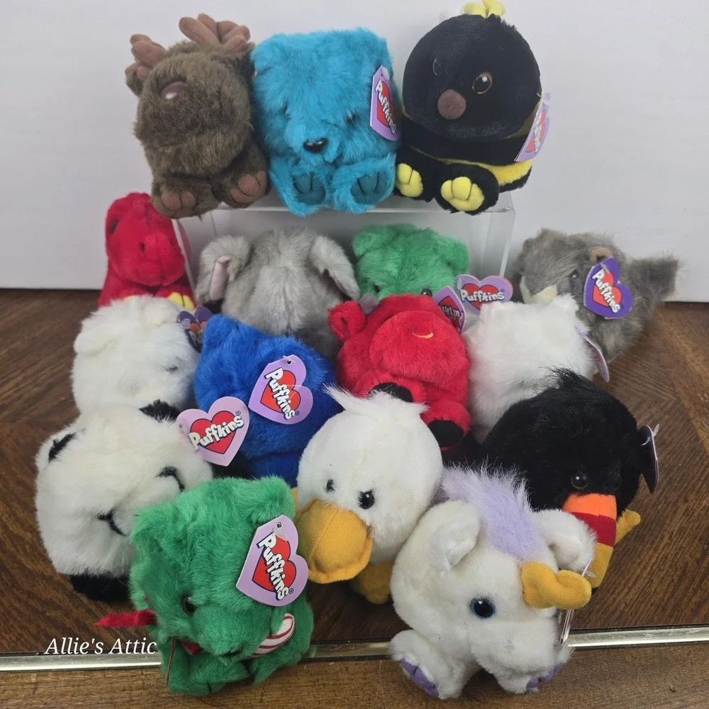 16 Puffkins Vintage Plush Mini Stuffed Animal Lot Elephant Cat Toucan Unicorn